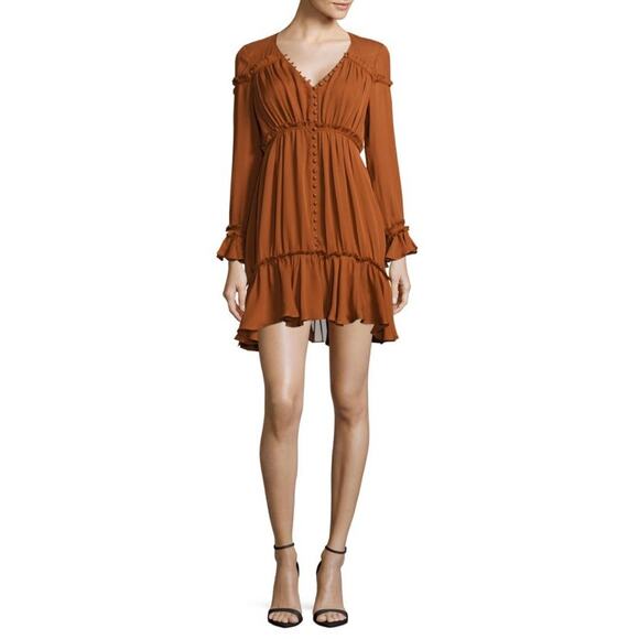 Cinq à Sept Dress Ashburn Silk Layered Ruffle cuffs Mini Women's Brown Size XS - Picture 7 of 7